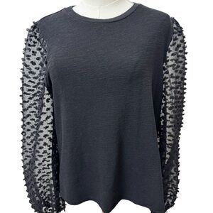 Maeve Anthropologie black Sheer Dot-Texture Puff Sleeve Size M Boho